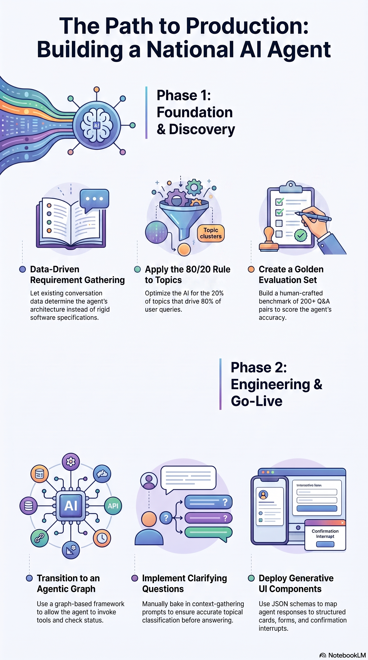 The Path to Production: building a national AI agent. Phase 1, Foundation and Discovery: data-driven requirement gathering, applying the 80/20 rule to topics, and creating a golden evaluation set. Phase 2, Engineering and Go-Live: transitioning to an agentic graph, implementing clarifying questions, and deploying generative UI components.
